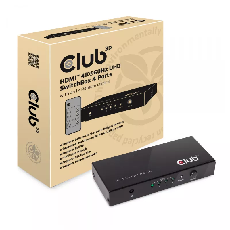 CLUB3D HDMI™ 2.0 UHD 4K60Hz SwitchBox 4 puertos con mando a distancia IR