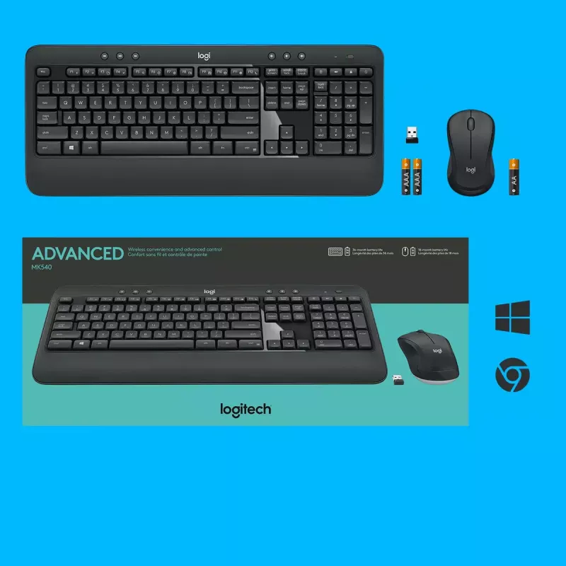 Conjunto de teclado y ratón inalámbricos Logitech MK540 Advanced – teclado QWERTZ de tamaño completo, receptor USB, distribución US, ratón ergonómico, negro/blanco