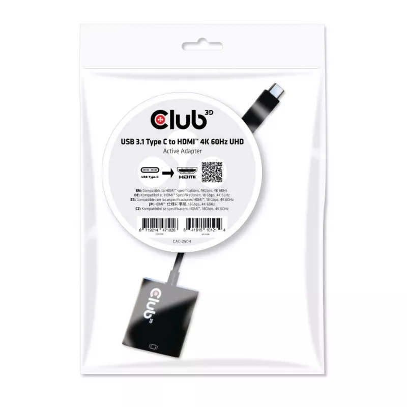 Adaptador activo USB 3.1 Type-C a HDMI 2.0 UHD 4K 60Hz CLUB3D CAC-2504