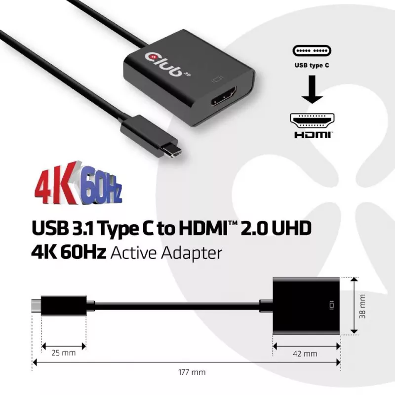Adaptador activo USB 3.1 Type-C a HDMI 2.0 UHD 4K 60Hz CLUB3D CAC-2504