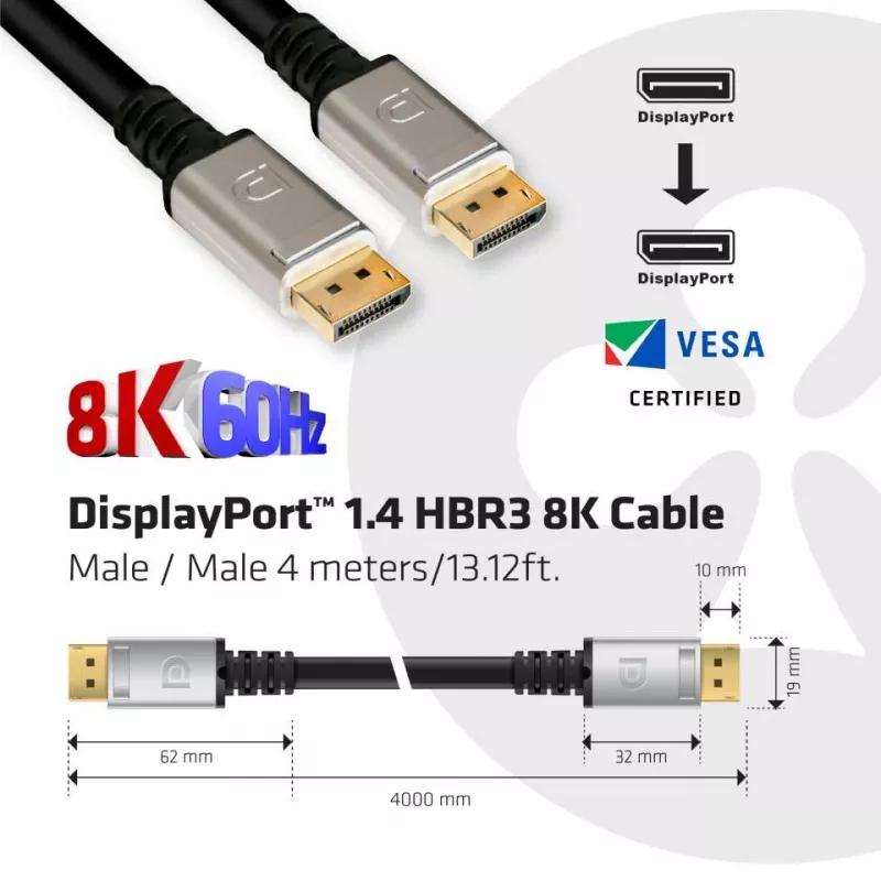 Club 3D CAC-1069 cable DisplayPort 1.4 HBR3 8K 60 Hz, 32,4 Gbps, DSC, HDR, certificado VESA, M/M, 4 m, negro