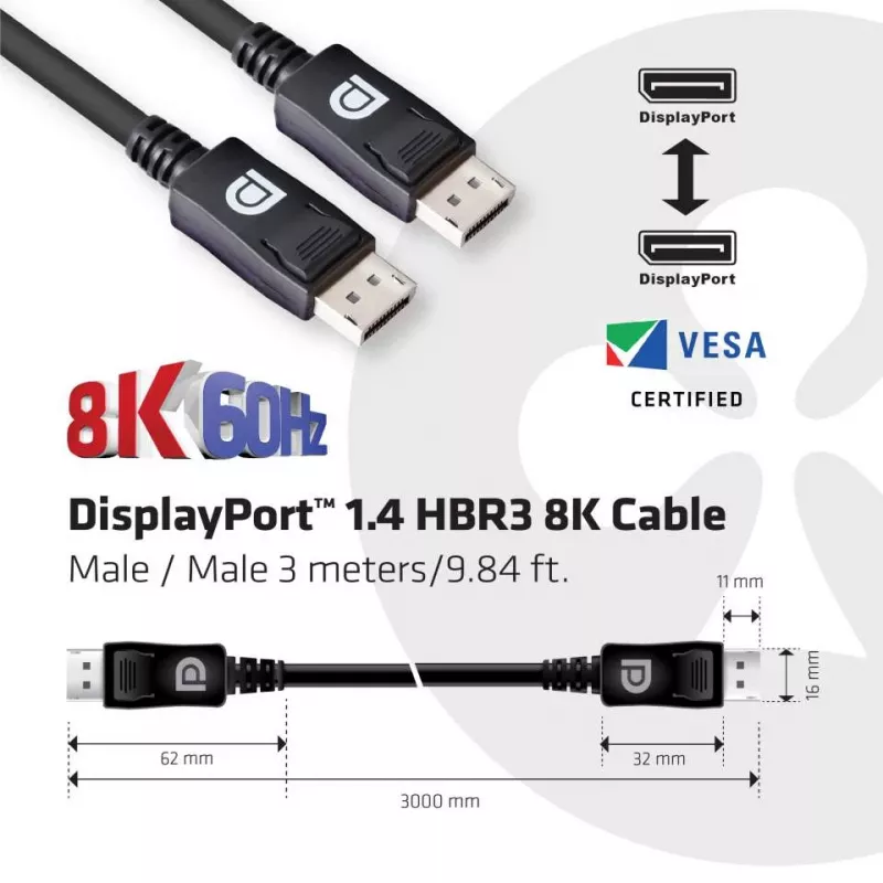 Cable CLUB3D DisplayPort 1.4 HBR3 8K 28AWG M/M 3m /9,84ft