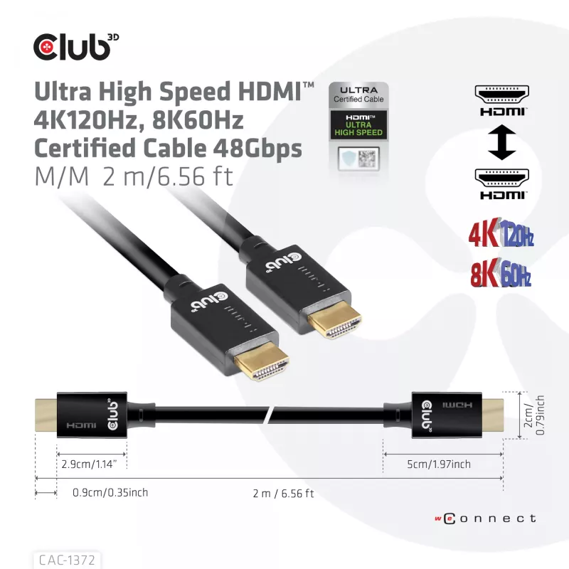 Cable certificado CLUB3D Ultra High Speed HDMI 4K120Hz, 8K60Hz 48 Gbit/s M/M 2 m