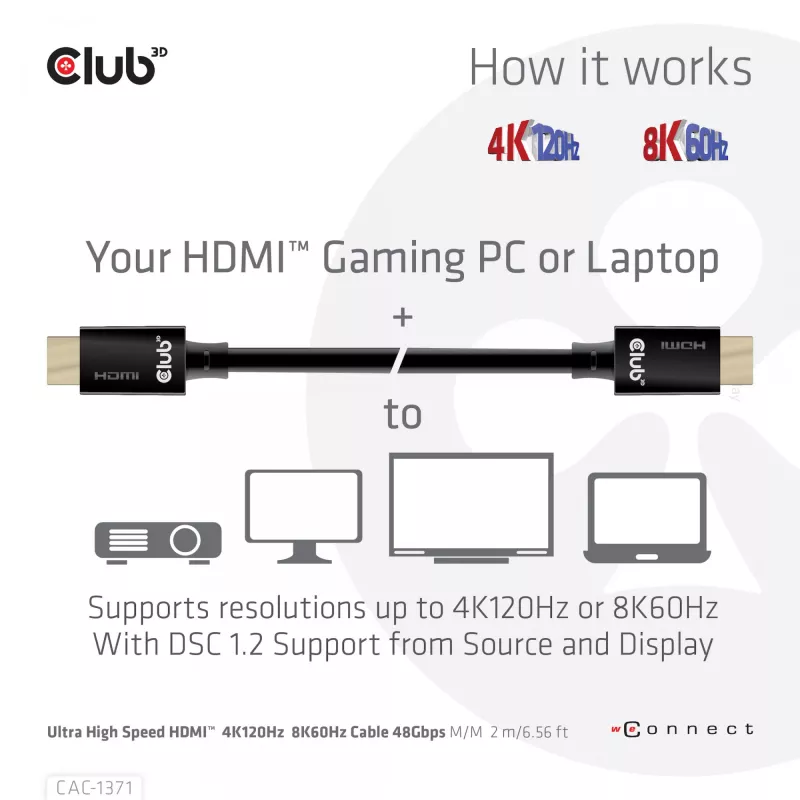 Club 3D CAC-1371 cable HDMI 2.1 Ultra High Speed certificado, 48 Gbps, 4K 120 Hz / 8K 60 Hz / 10K 120 Hz, ARC, HDR, M/M, 1 m