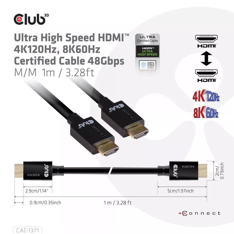 Club 3D CAC-1371 cable HDMI 2.1 Ultra High Speed certificado, 48 Gbps, 4K 120 Hz / 8K 60 Hz / 10K 120 Hz, ARC, HDR, M/M, 1 m