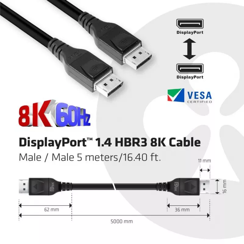 Club 3D CAC-1061 cable DisplayPort 1.4 HBR3 8K 60 Hz, 32,4 Gbps, DSC 1.2, certificado VESA, con bloqueo, M/M, 5 m, negro