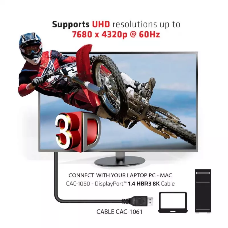 Club 3D CAC-1061 cable DisplayPort 1.4 HBR3 8K 60 Hz, 32,4 Gbps, DSC 1.2, certificado VESA, con bloqueo, M/M, 5 m, negro