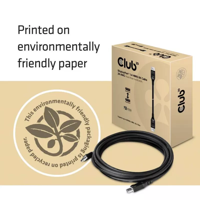 Club 3D CAC-1061 cable DisplayPort 1.4 HBR3 8K 60 Hz, 32,4 Gbps, DSC 1.2, certificado VESA, con bloqueo, M/M, 5 m, negro