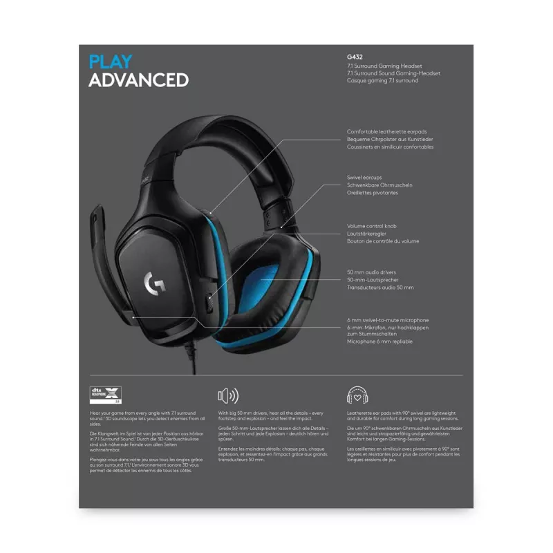 Auriculares gaming LOGITECH G432 - USB / 3.5mm - 7.1 Surround - Azul