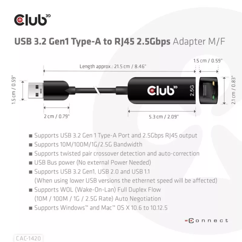 Adaptador CLUB3D USB 3.2 Gen1 Type-A a RJ45 2.5Gbps