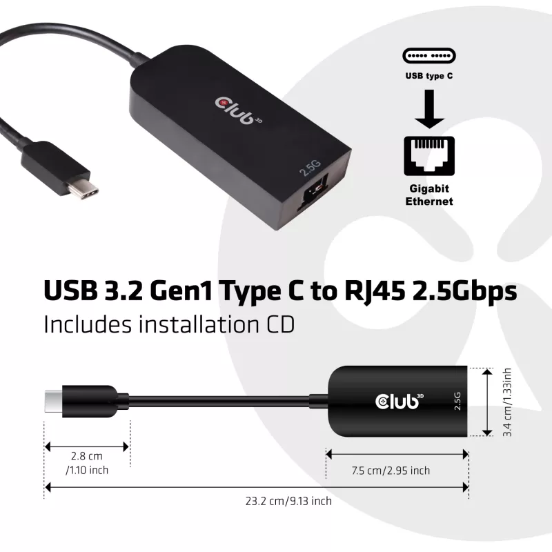 Adaptador CLUB3D USB 3.2 Gen1 Type-C a RJ45 2.5Gbps