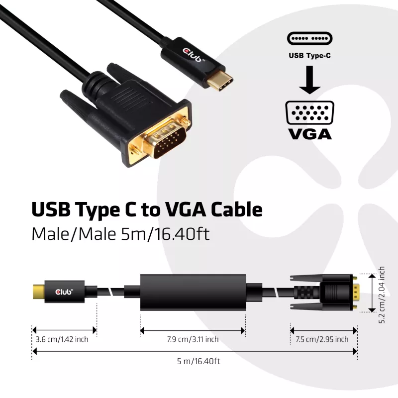 Cable activo USB Type C a VGA M/M CLUB3D CAC-1512 5m