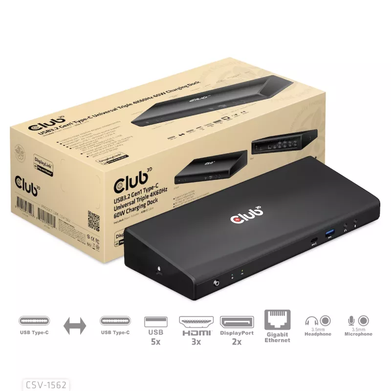 CLUB3D CSV-1562 es una estación de acoplamiento universal USB3.2 Gen1 Type-C Triple 4K30Hz con carga y certificada por DisplayLink®. La estación de acoplamiento universal con carga