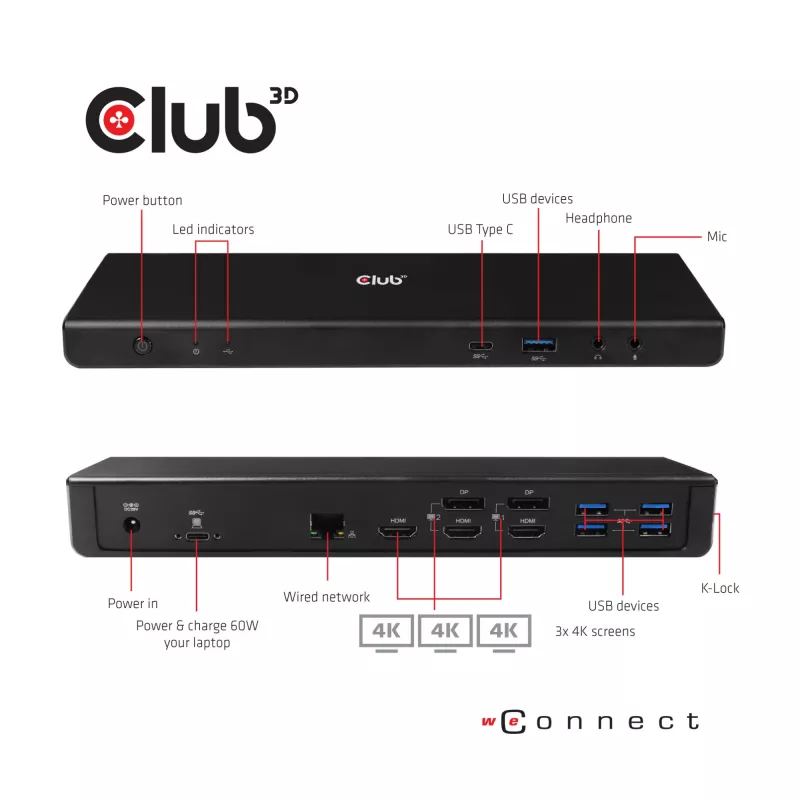 CLUB3D CSV-1562 es una estación de acoplamiento universal USB3.2 Gen1 Type-C Triple 4K30Hz con carga y certificada por DisplayLink®. La estación de acoplamiento universal con carga
