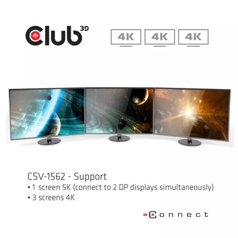CLUB3D CSV-1562 es una estación de acoplamiento universal USB3.2 Gen1 Type-C Triple 4K30Hz con carga y certificada por DisplayLink®. La estación de acoplamiento universal con carga