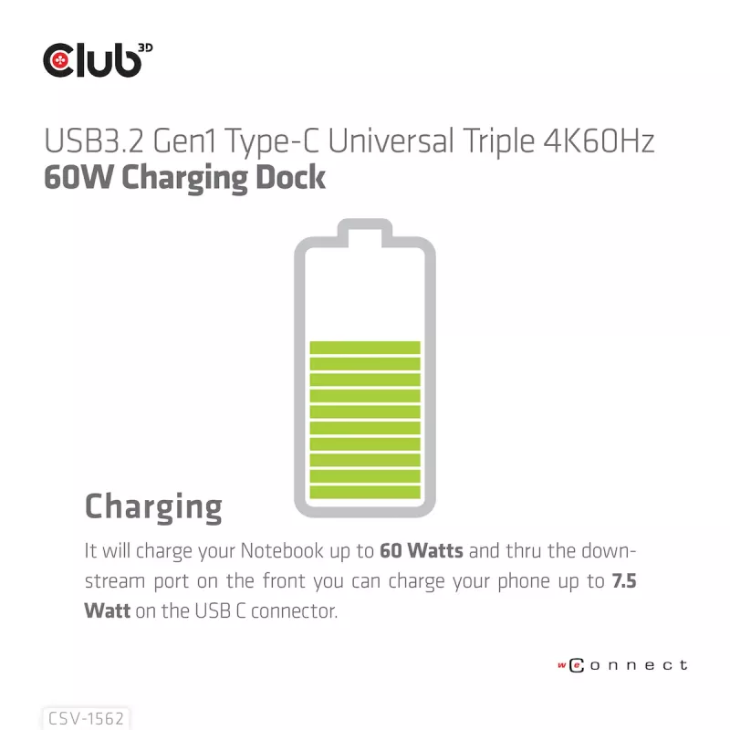 CLUB3D CSV-1562 es una estación de acoplamiento universal USB3.2 Gen1 Type-C Triple 4K30Hz con carga y certificada por DisplayLink®. La estación de acoplamiento universal con carga