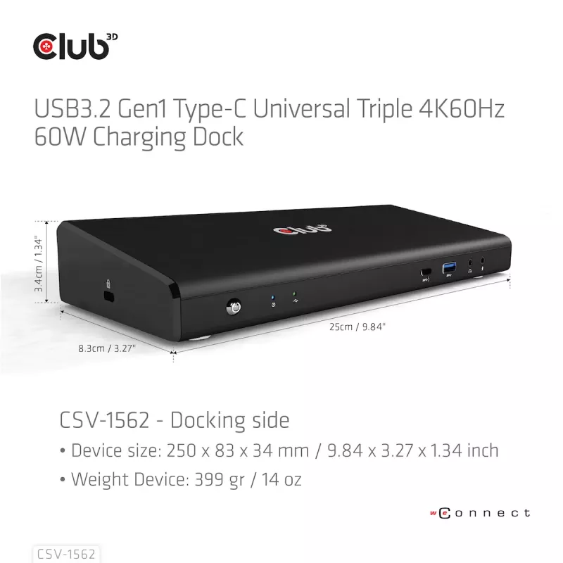 CLUB3D CSV-1562 es una estación de acoplamiento universal USB3.2 Gen1 Type-C Triple 4K30Hz con carga y certificada por DisplayLink®. La estación de acoplamiento universal con carga