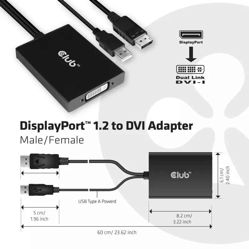 Adaptador activo CLUB3D DisplayPort a Dual Link DVI-D HDCP ON versión M/H