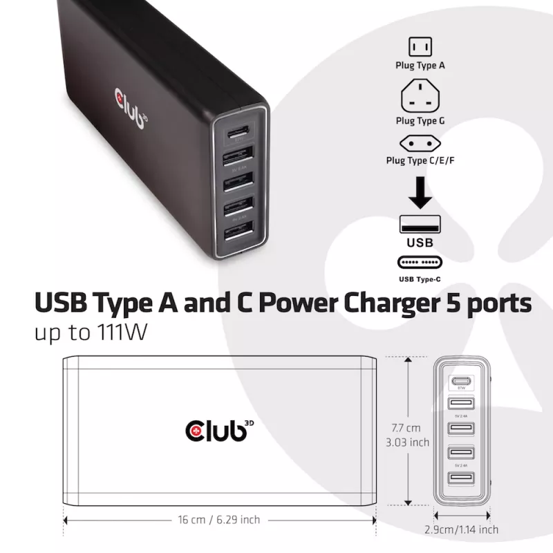 Cargador CLUB3D USB Type A y C, 5 puertos hasta 111 W