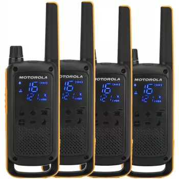 Walkie-talkie Motorola Talkabout T82 Extreme Quad Pack — 4× emisoras PMR, 16 canales, IPX4, 500 mW, NiMH recargable, Micro-USB