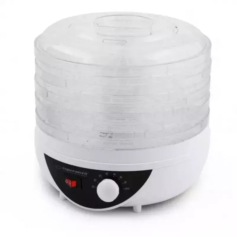 Deshidratador de alimentos ESPERANZA EKD002 – 5 bandejas, 250 W, termostato regulable, temperatura máxima 75 °C, blanco translúcido