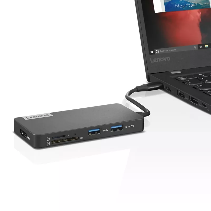 Lenovo GX90T77924 estación de acoplamiento — hub USB-C con HDMI 1.4, 2×USB-A 3.2 Gen1, USB‑2.0, lector de tarjetas microSD, gris