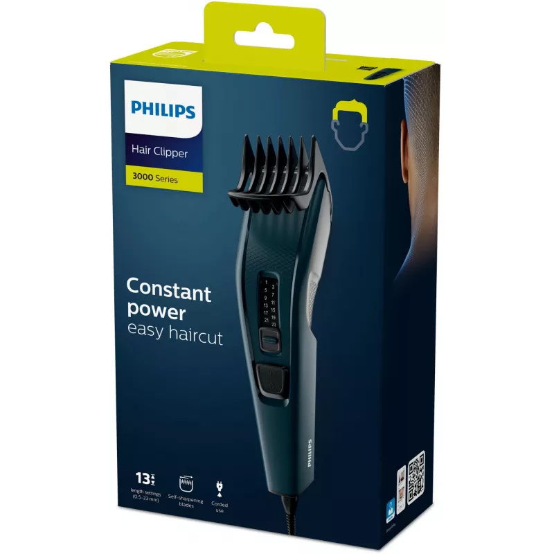 Philips HC3505/15 Hairclipper Series 3000 cortapelos con cable, 13 ajustes de longitud, 0,5–23 mm, cuchilla de 41 mm, cuchillas autoafilables de acero inoxidable, negro
