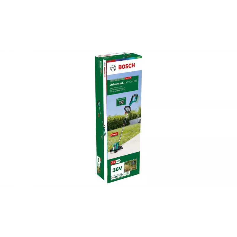 Bosch AdvancedGrassCut 36 cortabordes a batería, 36 V, 30 cm, hilo de nailon, tubo telescópico, empuñadura auxiliar ajustable, 2,9 kg, sin batería ni cargador, verde/negro