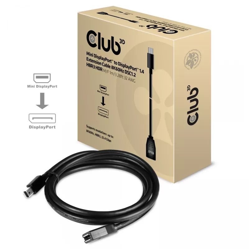 Club 3D CAC-1121 cable alargador de Mini DisplayPort a DisplayPort 1.4, 8K60Hz, DSC 1.2, HBR3, HDR, 32AWG, M/H, 1 m (3,28 ft), negro