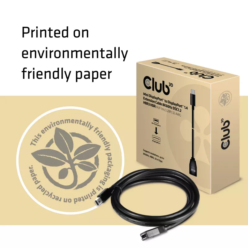 Club 3D CAC-1121 cable alargador de Mini DisplayPort a DisplayPort 1.4, 8K60Hz, DSC 1.2, HBR3, HDR, 32AWG, M/H, 1 m (3,28 ft), negro