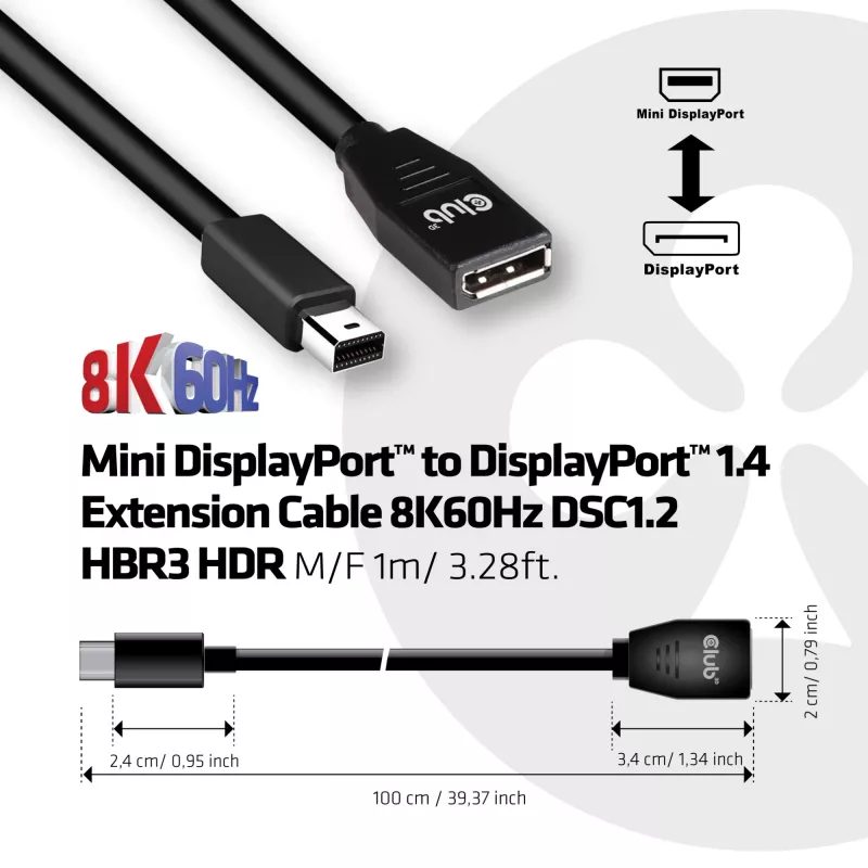 Club 3D CAC-1121 cable alargador de Mini DisplayPort a DisplayPort 1.4, 8K60Hz, DSC 1.2, HBR3, HDR, 32AWG, M/H, 1 m (3,28 ft), negro