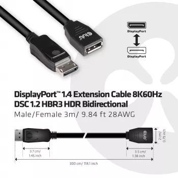 Club 3D CAC-1023 cable alargador DisplayPort 1.4, macho/hembra, 8K, 3 m, negro