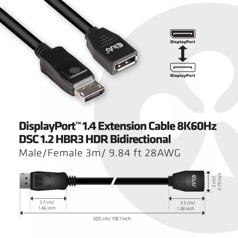 Club 3D CAC-1023 cable alargador DisplayPort 1.4 M/H, 8K, 3 m (9,84 ft), negro