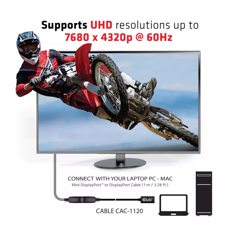 Club 3D CAC-1120 cable alargador de Mini DisplayPort 1.4 a DisplayPort H/M, 8K60Hz, 1 m (3,28 ft), negro