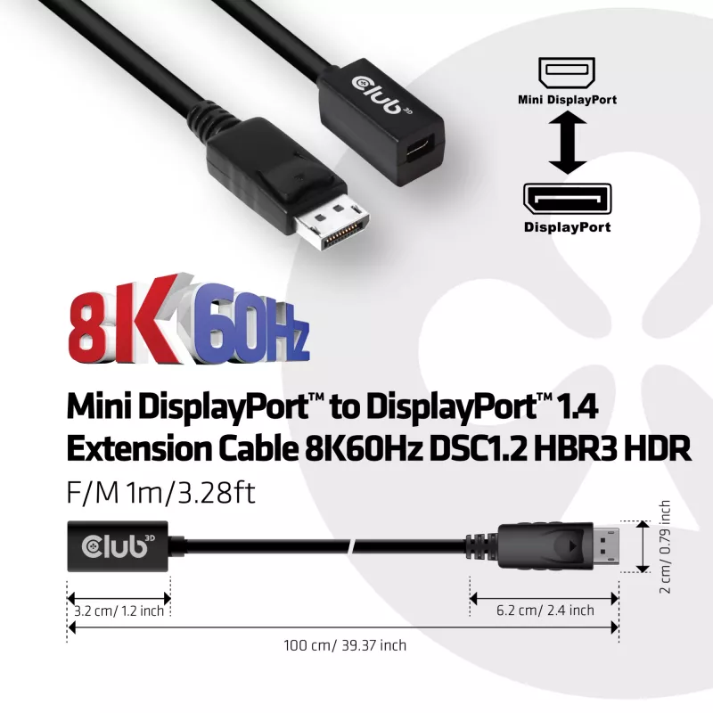 Club 3D CAC-1120 cable alargador de Mini DisplayPort 1.4 a DisplayPort H/M, 8K60Hz, 1 m (3,28 ft), negro