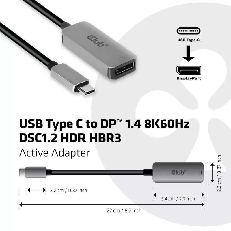 CLUB3D Adaptador activo USB Type-C a DisplayPort 1.4 8K60Hz HBR3