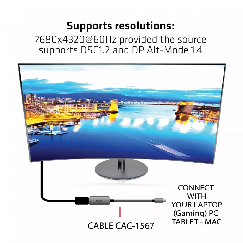CLUB3D Adaptador activo USB Type-C a DisplayPort 1.4 8K60Hz HBR3