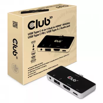 CLUB3D Hub USB Type-C 4 en 1 a HDMI™ 4K60Hz USB Type-C PD / USB Type-A / conector de audio