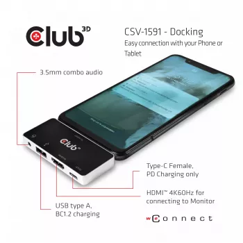 CLUB3D Hub USB Type-C 4 en 1 a HDMI™ 4K60Hz USB Type-C PD / USB Type-A / conector de audio
