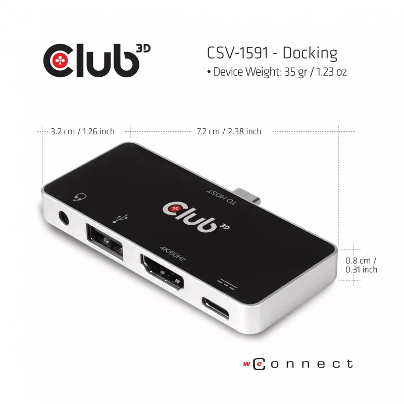 CLUB3D Hub USB Type-C 4 en 1 a HDMI™ 4K60Hz USB Type-C PD / USB Type-A / conector de audio