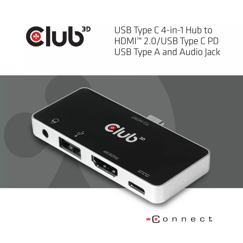 CLUB3D Hub USB Type-C 4 en 1 a HDMI™ 4K60Hz USB Type-C PD / USB Type-A / conector de audio