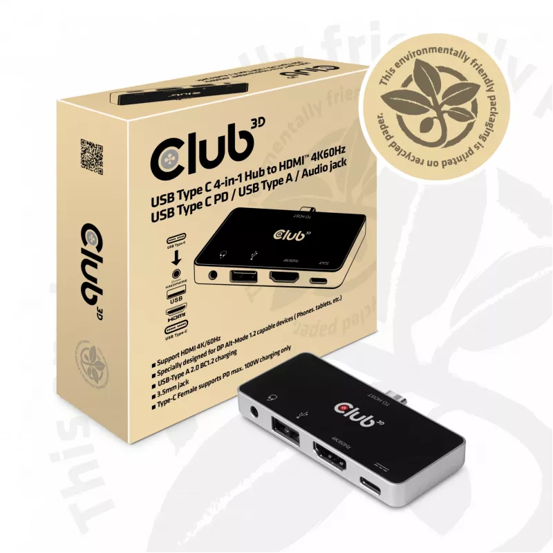 CLUB3D Hub USB Type-C 4 en 1 a HDMI™ 4K60Hz USB Type-C PD / USB Type-A / conector de audio