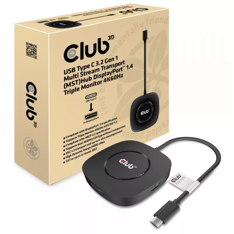 CLUB3D Hub USB Type-C 3.2 Gen 1 Multi Stream Transport (MST) DisplayPort 1.4 Triple Monitor