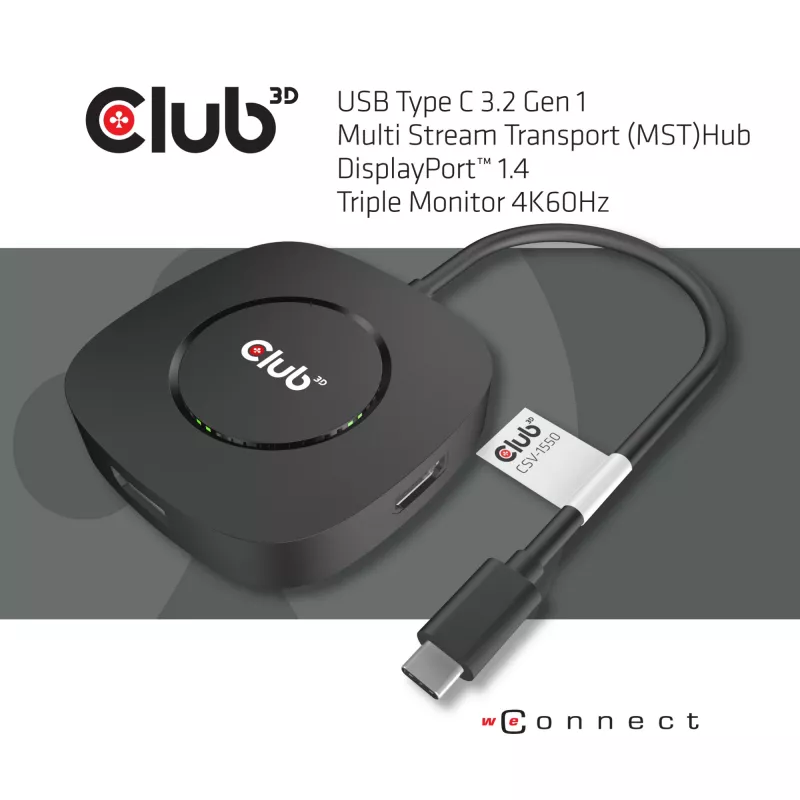 CLUB3D Hub USB Type-C 3.2 Gen 1 Multi Stream Transport (MST) DisplayPort 1.4 Triple Monitor