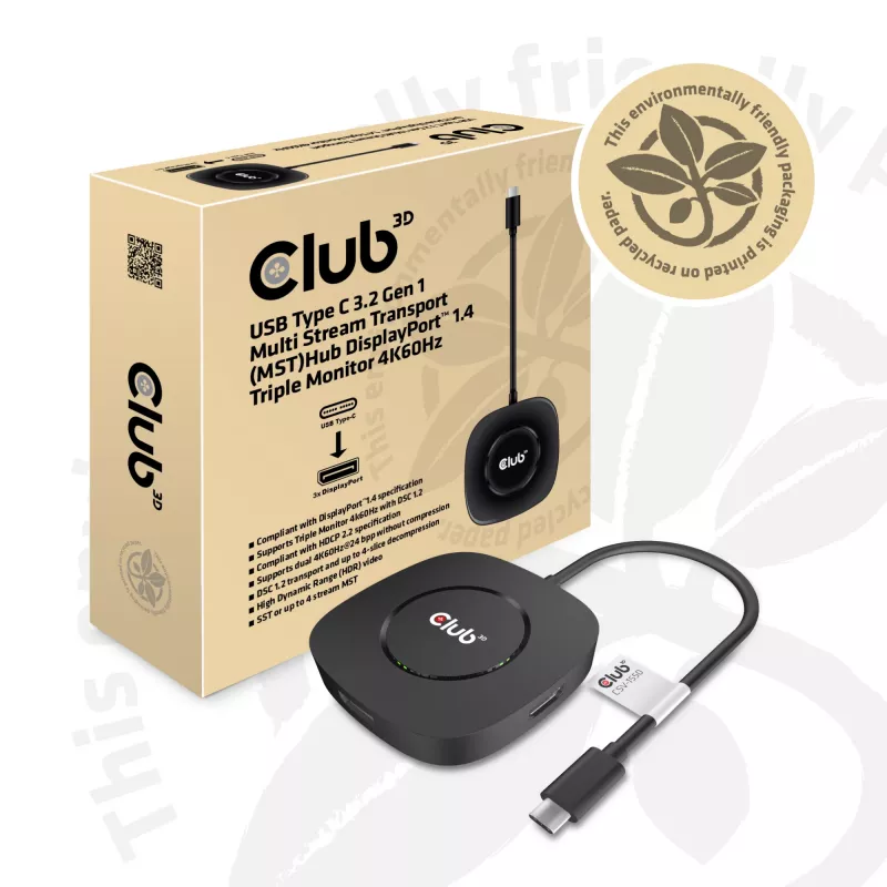 CLUB3D Hub USB Type-C 3.2 Gen 1 Multi Stream Transport (MST) DisplayPort 1.4 Triple Monitor