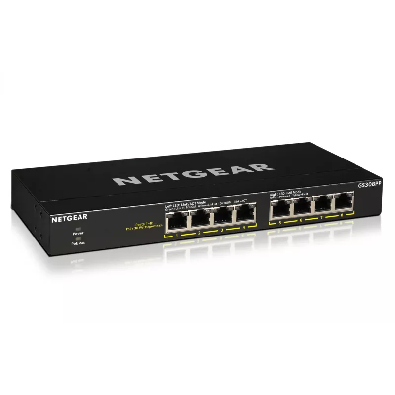 NETGEAR GS308PP No gestionado Gigabit Ethernet (10/100/1000) Power over Ethernet (PoE) negro
