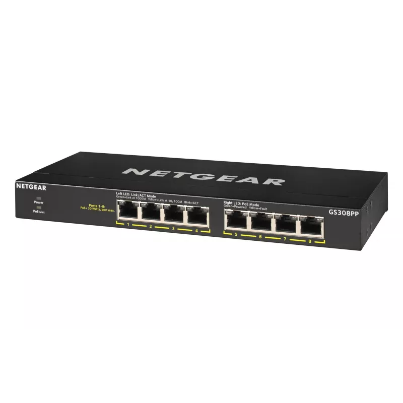 NETGEAR GS308PP No gestionado Gigabit Ethernet (10/100/1000) Power over Ethernet (PoE) negro