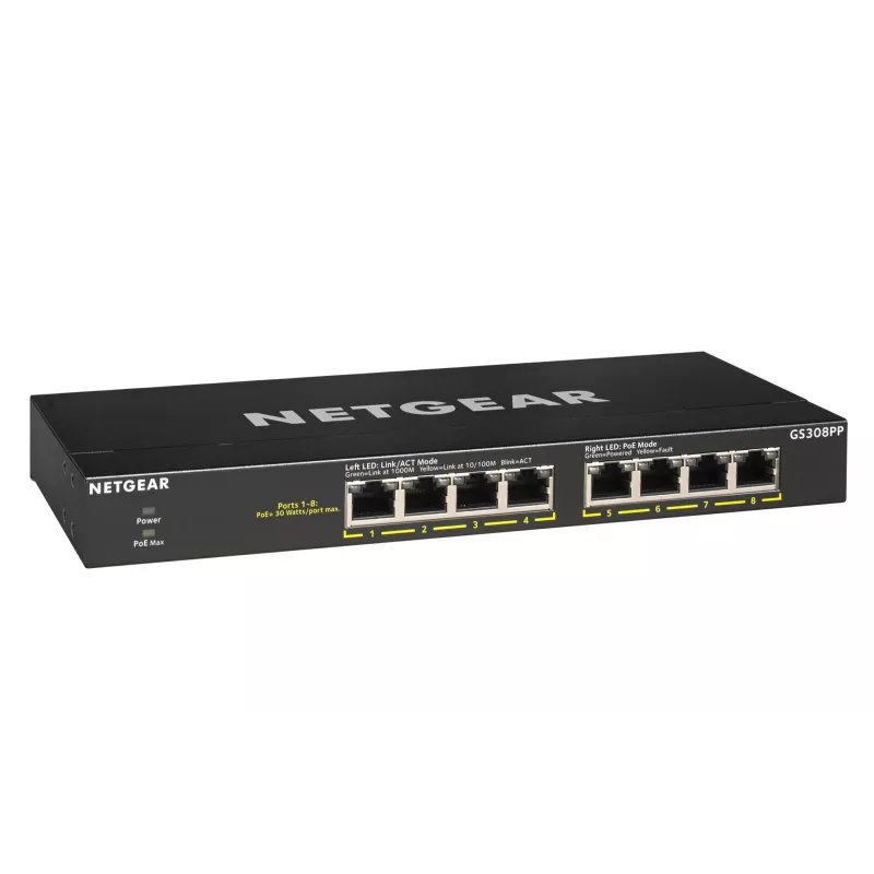 NETGEAR GS308PP No gestionado Gigabit Ethernet (10/100/1000) Power over Ethernet (PoE) negro