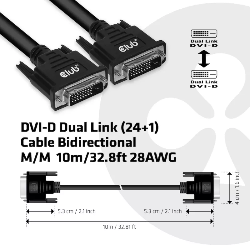 Club 3D CAC-1220 cable DVI-D Dual Link (24+1) M/M, bidireccional, 28AWG, contactos chapados en oro, 10 m (32,8 ft), negro