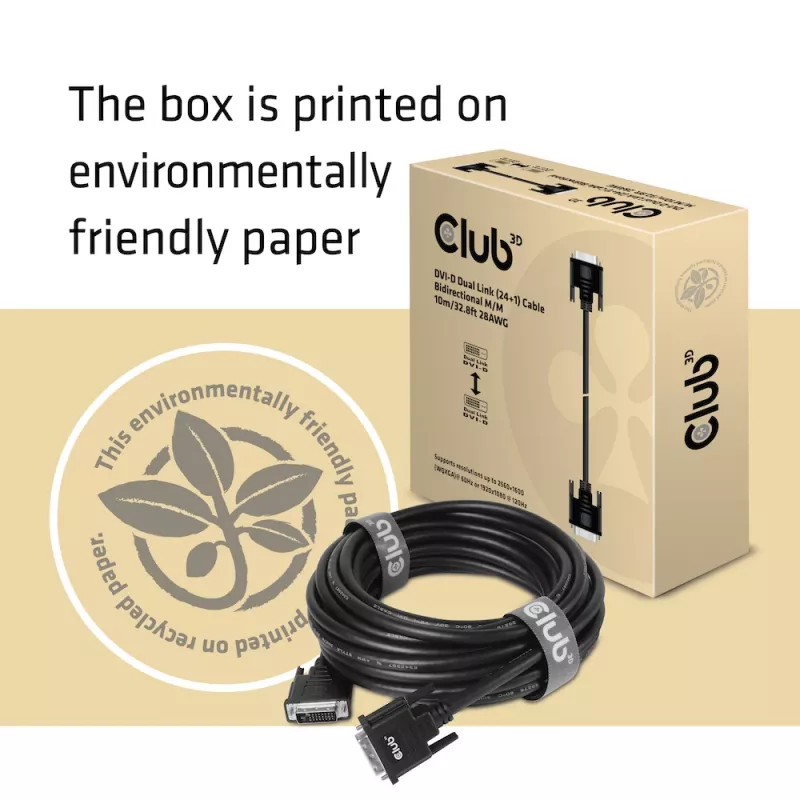 Club 3D CAC-1220 cable DVI-D Dual Link (24+1) M/M, bidireccional, 28AWG, contactos chapados en oro, 10 m (32,8 ft), negro